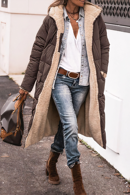 Długa pikowana kurtka zimowa damska z kapturem