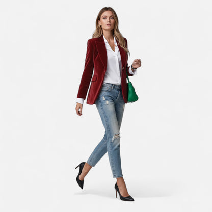 Aksamitna marynarka damska | Dopasowana, miękki aksamit, klasyczne zapięcie