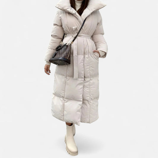 Długa zimowa kurtka damska z regulowanym paskiem